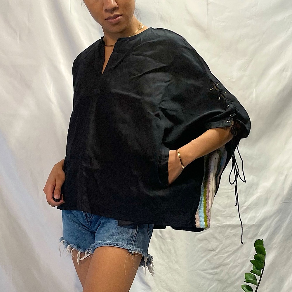 Black Embroidery Oversized Poncho, XS/S